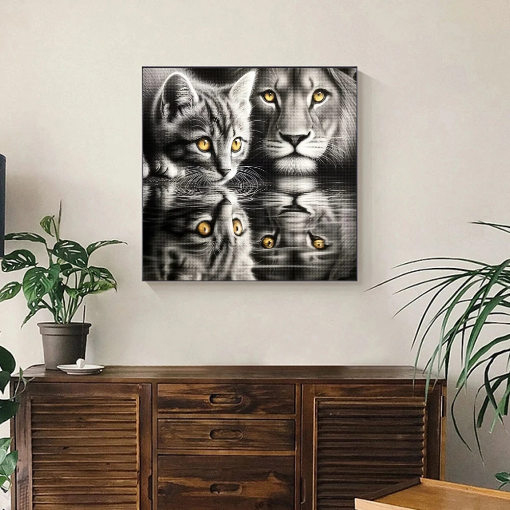 Pittura diamante riflettente gatto e leone Mosaico fai da te Ricamo Arte animale in bianco e nero Decorazione domestica Puzzle completo di strass