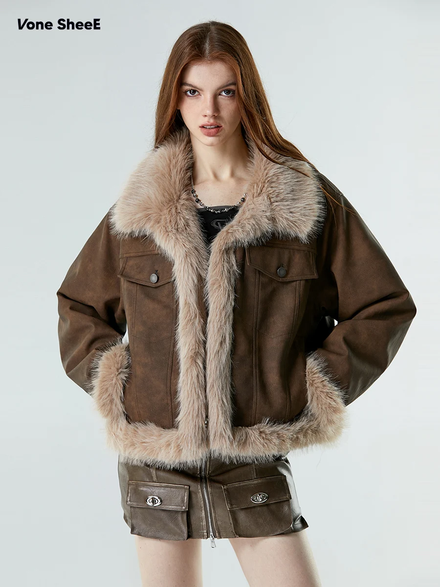 

Vone eeE American Retro Fur ort Jaet Winter New Motorcycle Clothes Women's Inteated Leather And Fur Coat Thiened Lo...