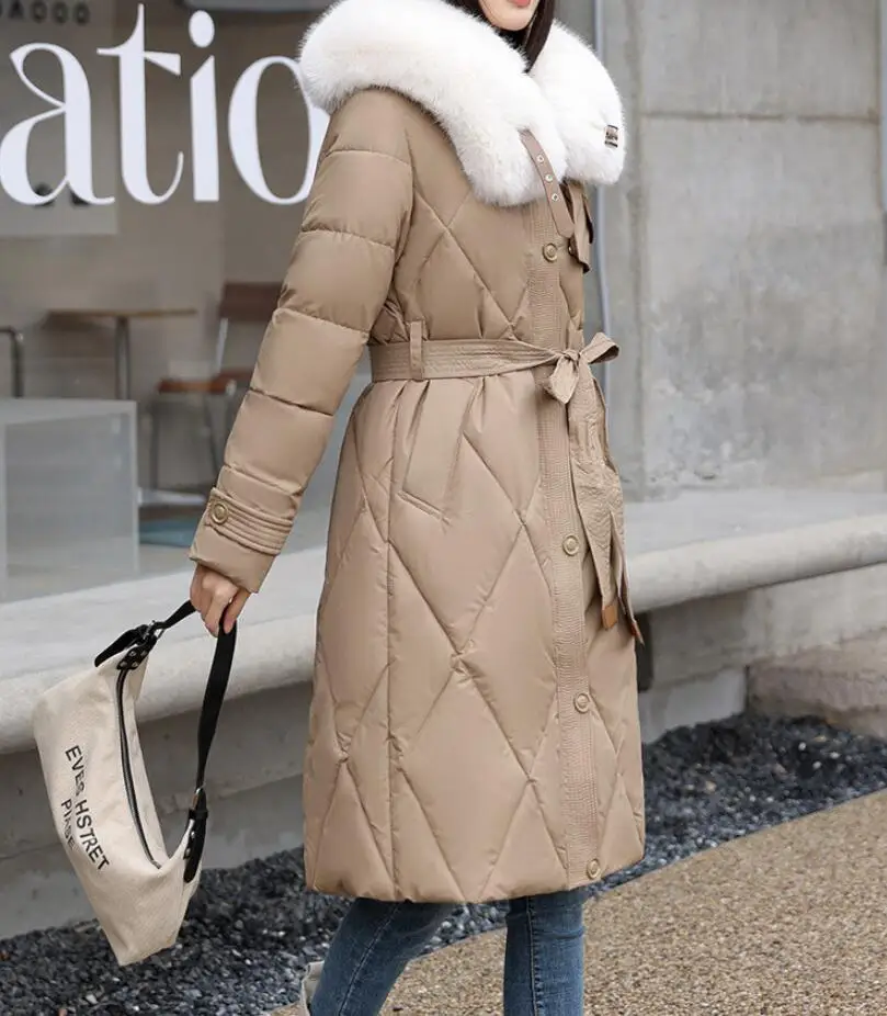 New Winter Fashion Long Sleeve Fur Collar Zipper Tie Up Solid Color Slim Fit Long Version Down Jacket For Women,4 Colors