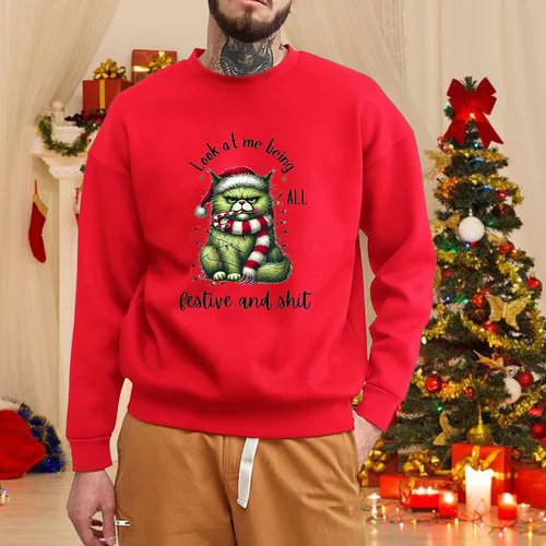 Sudadera con estampado de gato de Navidad para hombre, jersey de Navidad holgado de manga larga para exteriores, otoño e invierno