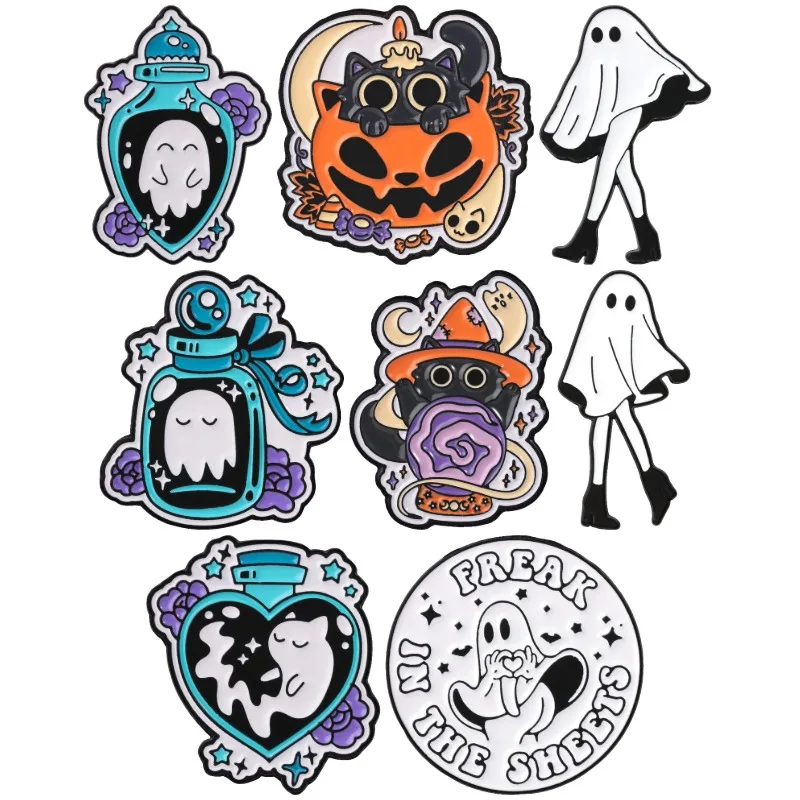 Spooky Halloween Ghost Badges Pumpkin Black Cat Witch Enamel Pins Crystal Ball Freak In The Sheets Boo Brooch Accessory Gift