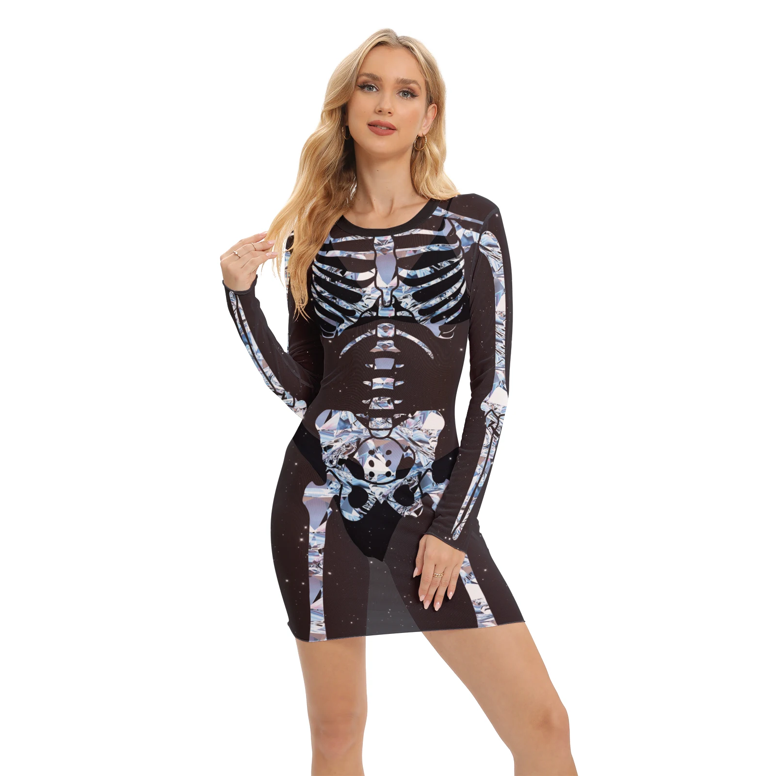 Carnival Cosplay Costume Mesh Visual Costume Women Skull 3D Printing Sexy Smoky Dress Female Long Sleeve Holiday Party Dress