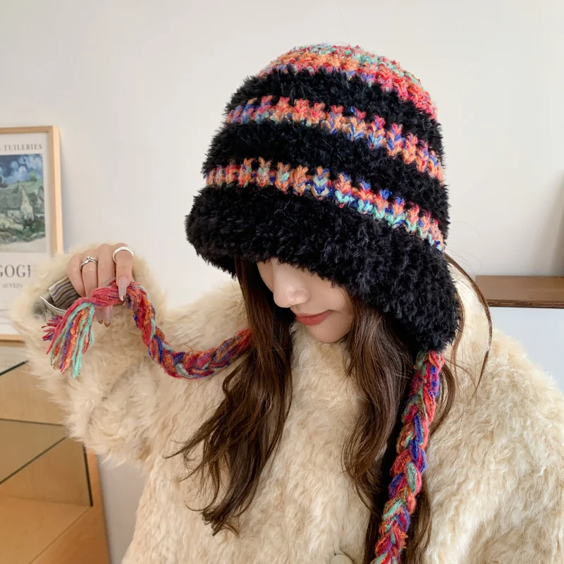 Winter Striped Ladies Warm Knitted Thickeing Hat Outdoor Ear Protection Plus Velvet Beanie for Women's Pullover Hats Female R222