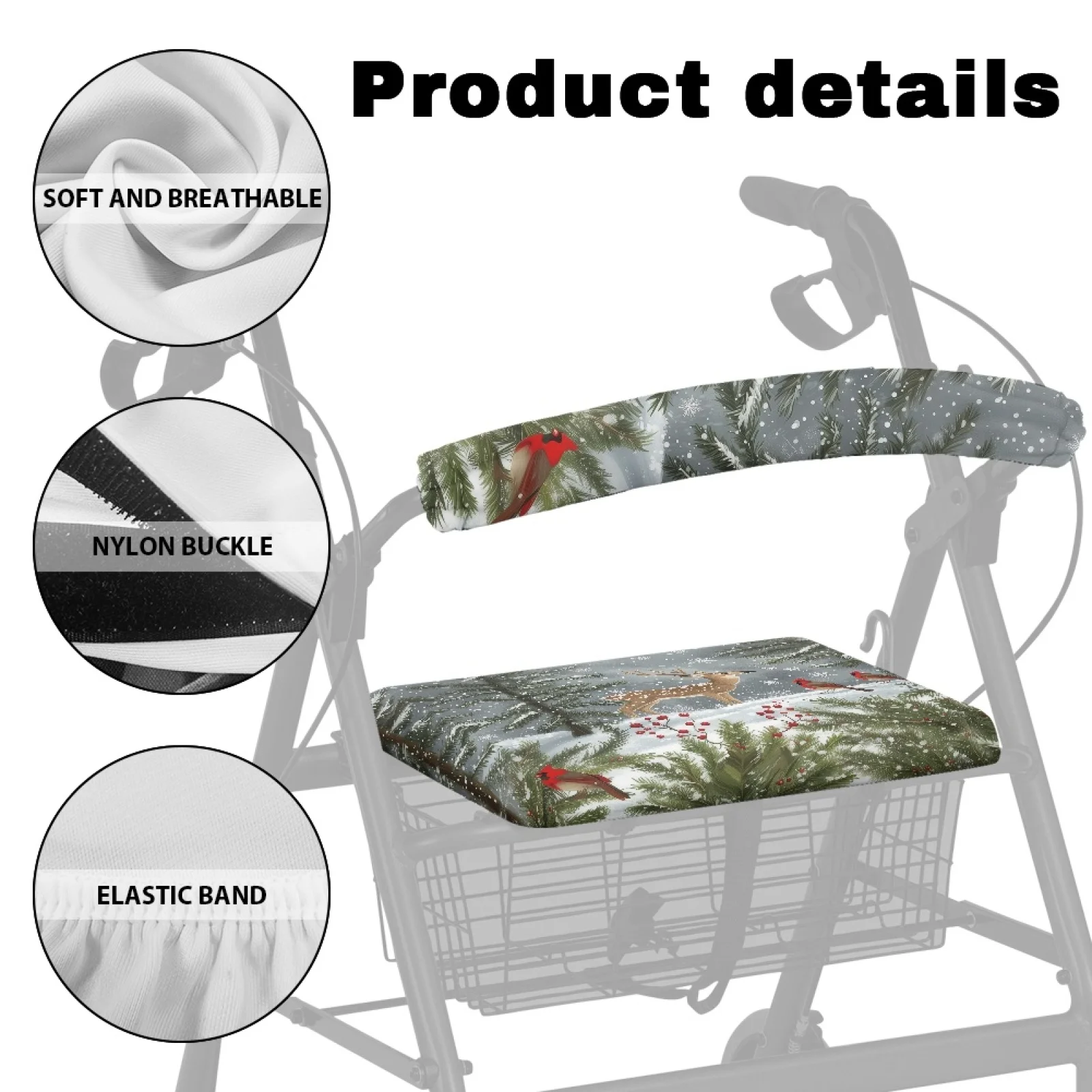 Coloranimal Winter Snow 2 Pcs Walker Seat Covers Featuring Pine Deer Bird Pattern, Removable Covers for Elderly Outdoor Walk view 5