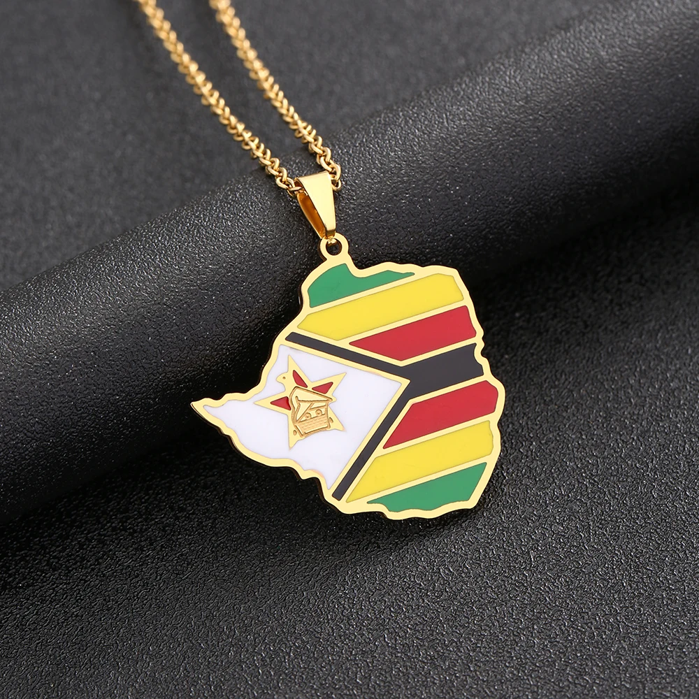 Zimbabwe Map Flag Pendant Necklace Stainless Steel For Women Men Gold Silver Color Charm Fashion Zimbabweans Jewelry Gifts