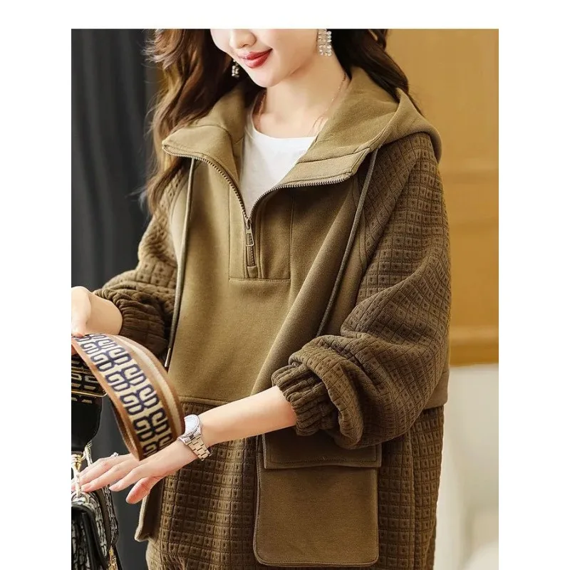 Women's Loose Half-Zip Hoodie Brown Textured Patchwork Pullover Casual Spring Autumn Long Sleeve Sweatshirt With Pockets