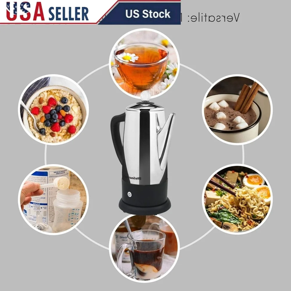 

12-Cup Stainless Steel Coffee Percolator Easy Pour Spout Cool Touch Handle Automatic Keep Warm Dishwasher Safe Cordless Serving