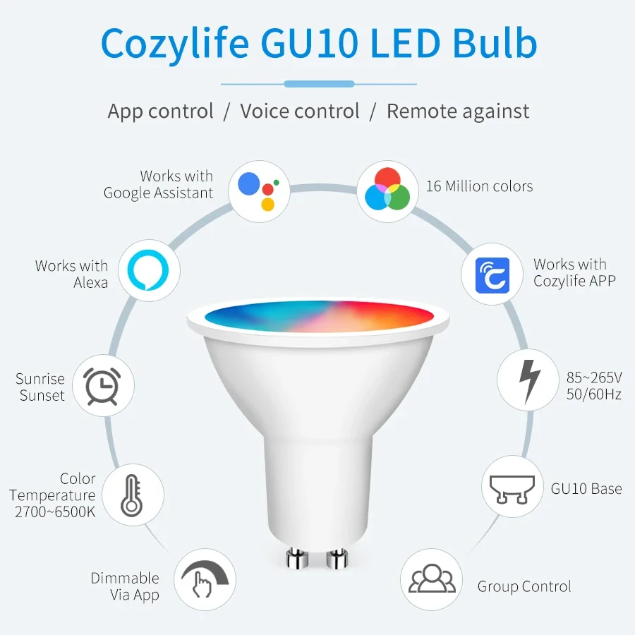 Cozylife WiFi Smart LED Bulb GU10 5W 7W 9W 85-265V Dimmable Light Bulb Spotlight Voice Control Works With Alexa Google Home