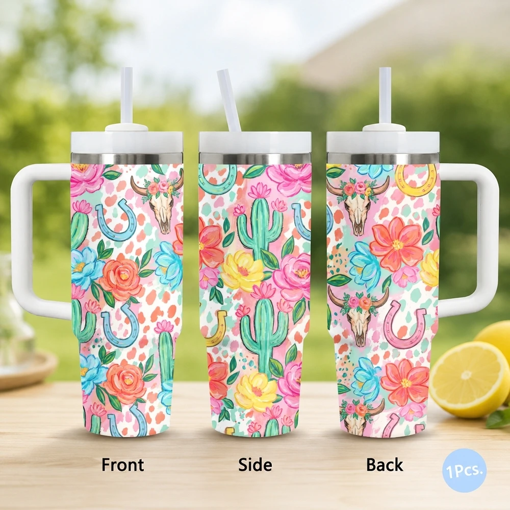 Western Floral Cactus Vacuum Flasks 40oz Stainless Steel Insulated Tumbler with Handle & Straw Leakproof Car Mug