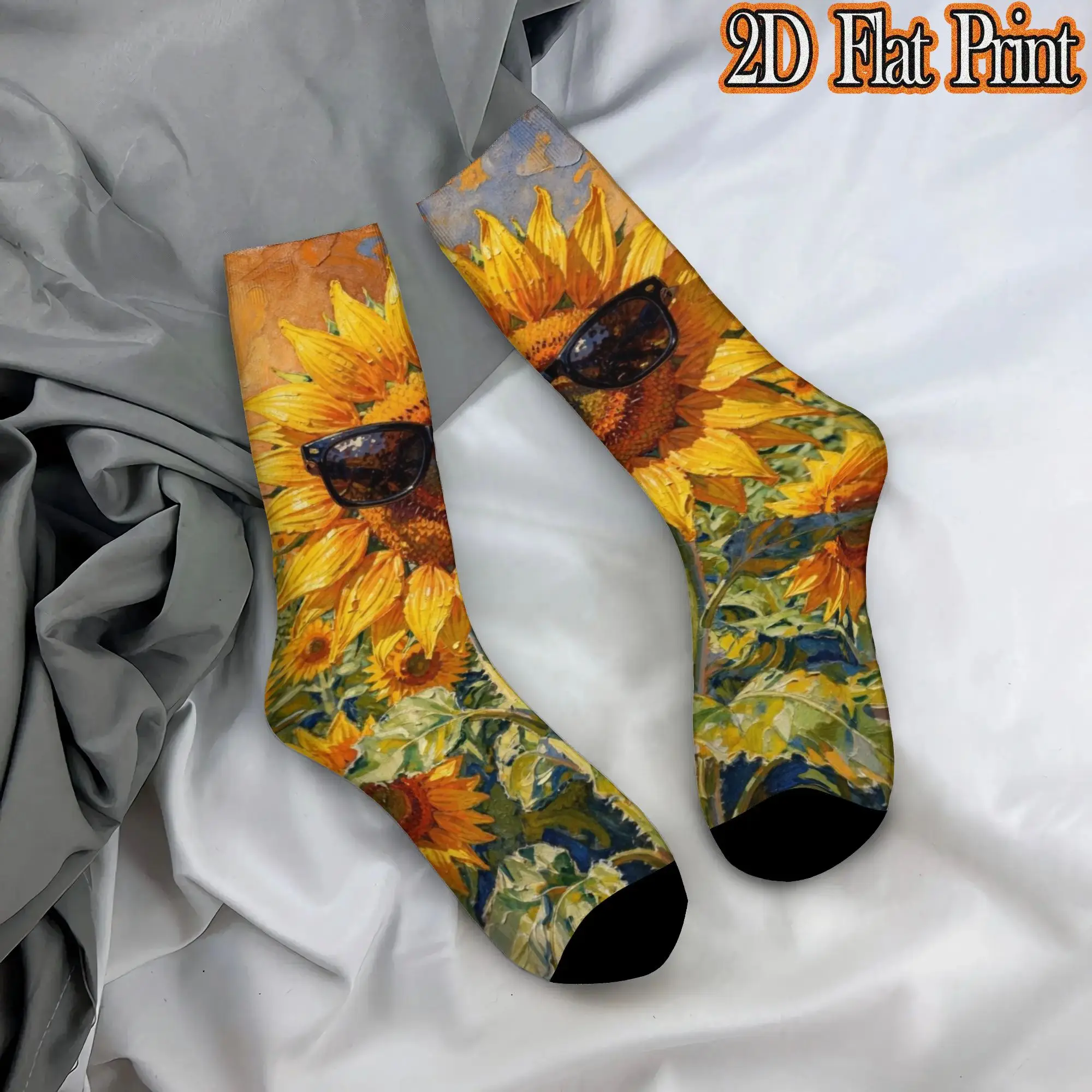 Fashion Retro Sunflower Oil Paint  Men's  Mid TubeSock Unisex  Funny Mid-Calf Socks
