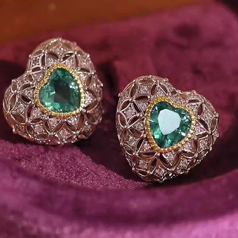 Huitan-pendientes con forma de corazón para mujer, diseño calado con incrustaciones de circonita verde brillante, accesorios de compromiso de boda románticos, joyería