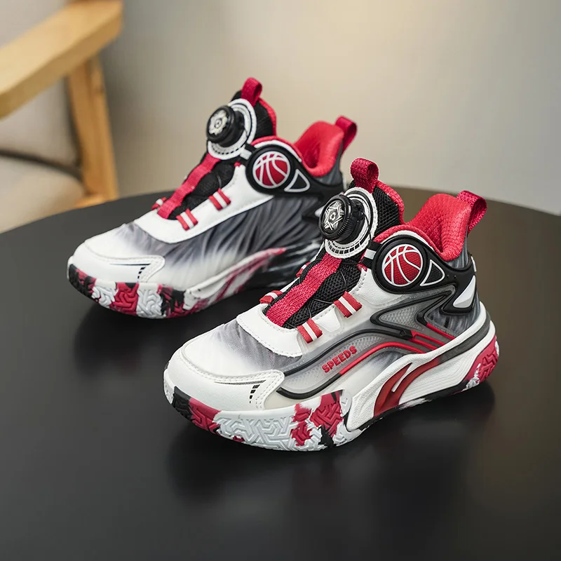 

Fashion Red Basketball Shoes Kids Trainers Rotary Buckle High Top Children's Sneakers Boys Outdoor Non-slip Child Sports Shoes