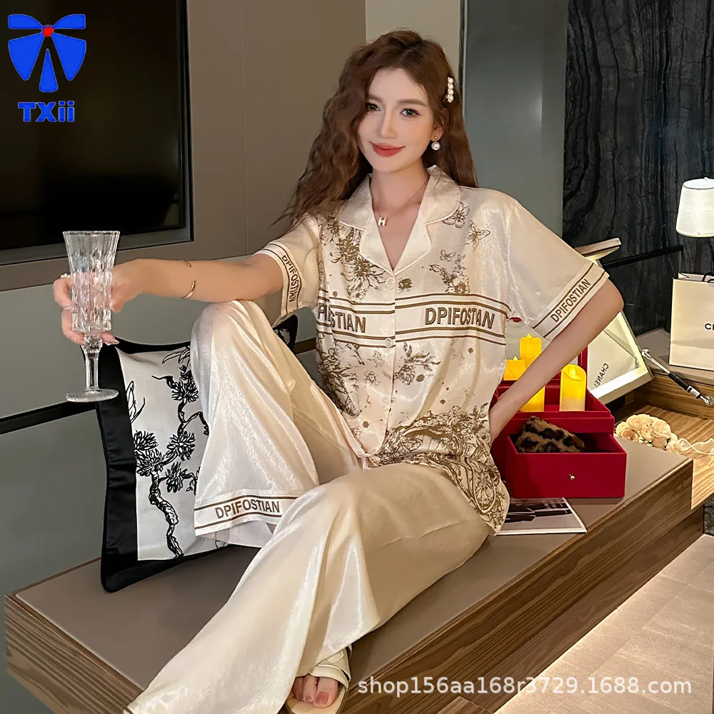 TXii Spring/summer new style lapel, light luxury, noble ice silk  three piece set, plus size temperament, home clothes, pajamas