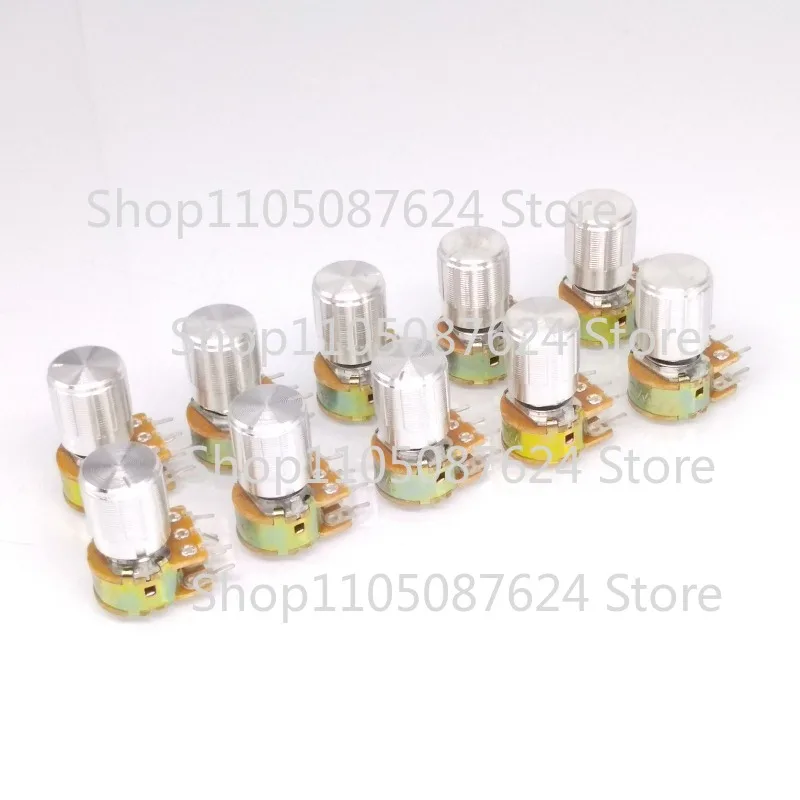 10 unidades de potenciómetro doble rotatorio de curva lineal 2K B2K OHM con perilla plateada (longitud del mango: 15 mm)