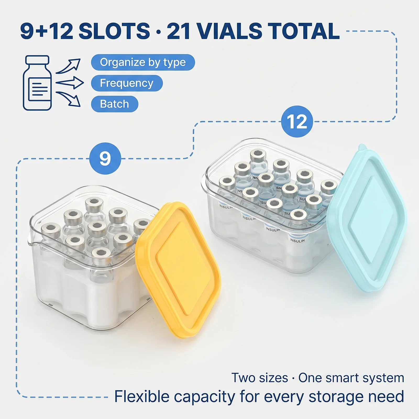 2Pcs 9/12 Slot Insulin Vial Storage Case Portable Transparent Peptide Organizer Case for Home Refrigerator Storage and Travel