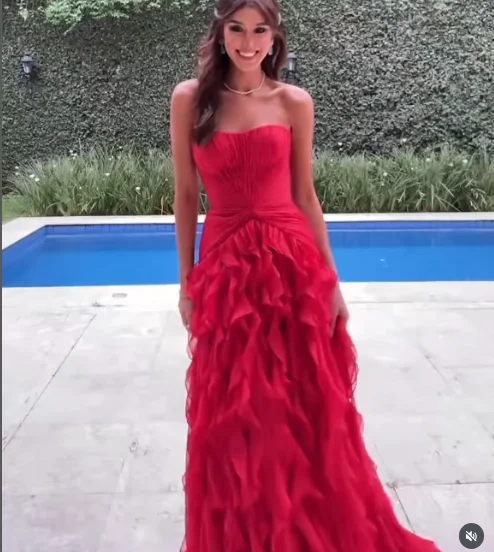

Red Off Shoulder Evening Dress Tiered Ruffles Prom Dress Detachable Shawl Customize A-line Floor-length Formal Evening