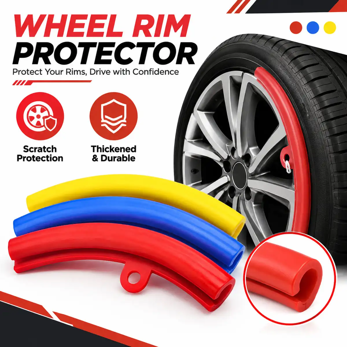 PINMOAP Wheel Rim Protector Rim Edge Guard Scratch Protection Impact Buffer Thick Wear Resistant Flexible Fit Red Blue Yellow