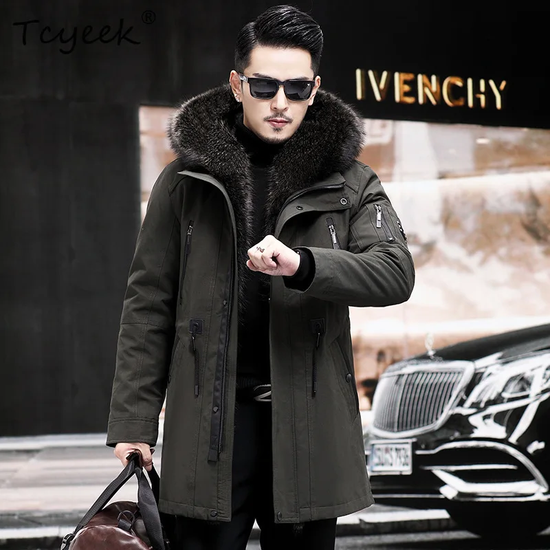 

Tcyeek Куртка из натурального кроличьего меха Мужская длинная стильная куртка из натурального меха Зимняя одежда Теплые мужские пальто Новые пальто 2025 Воротник из меха енота