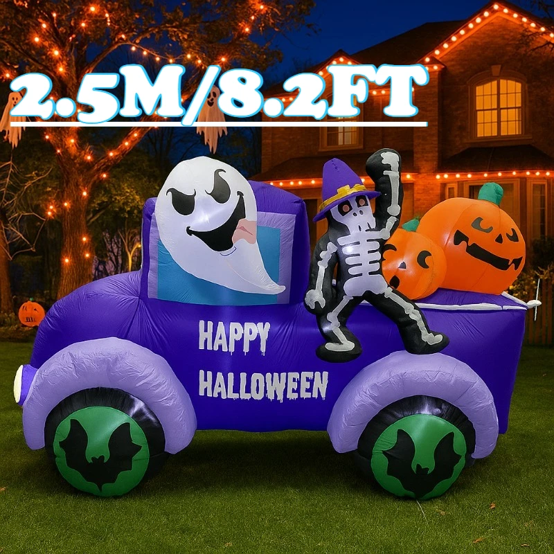 8FT Halloween Aufblasbare Spielzeuge Outdoor Dekorationen Geist Fahren Lkw Auto Skelett Kürbis Integrierte LEDs für Yard Party Decor