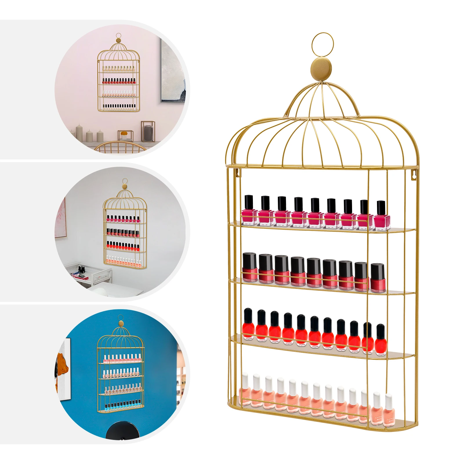 

4th Layer Birdcage Iron Art Wall Mounted Nail Rack Nail Polish Storage Cabinet- Gold