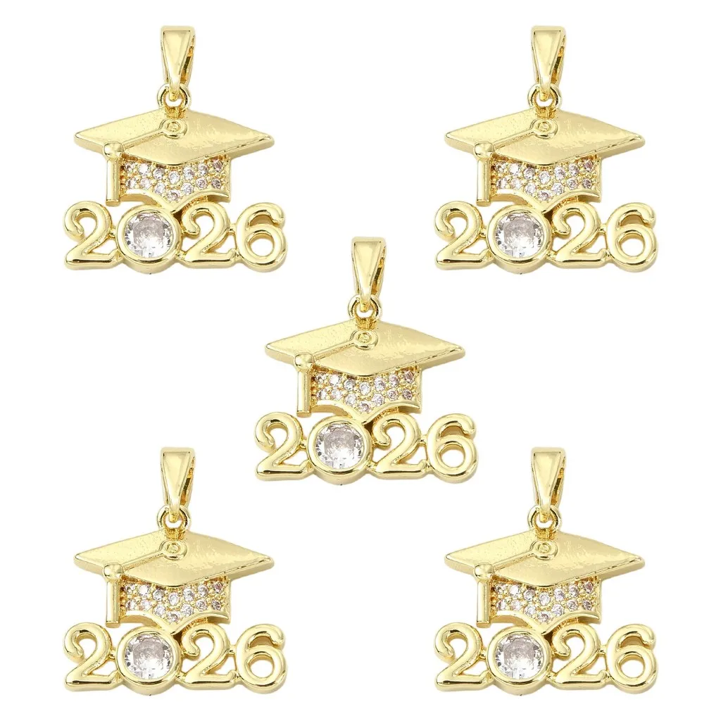 5Pcs 2026 Graduation Cap Charms Brass Cubic Zirconia Pendants 18K Gold Plated For Jewelry Making DIY Bracelet Accessories