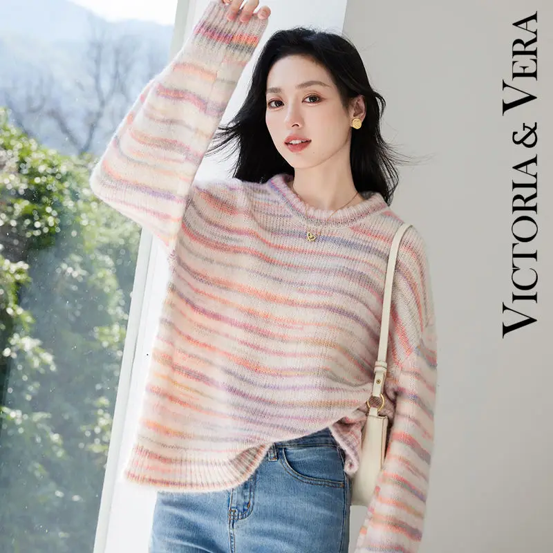 VICTORIA & VERA Women's Round Neck College Style Long Sleeve Sweater Autumn and Winter Wool Knitted Sweater Korean Hot Sale