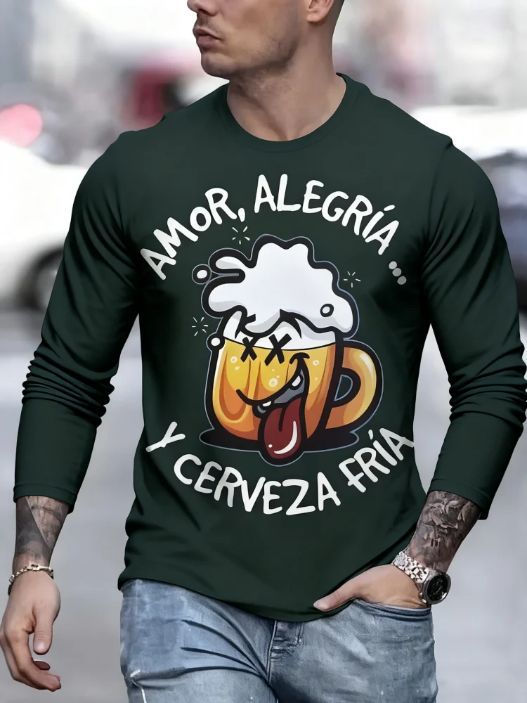 

Beer Festival Funny Graphic Long Sleeve T-Shirt 3D Print Stylish Casual Round Neck Pullover For Men Loose Outdoor Street Clothes
