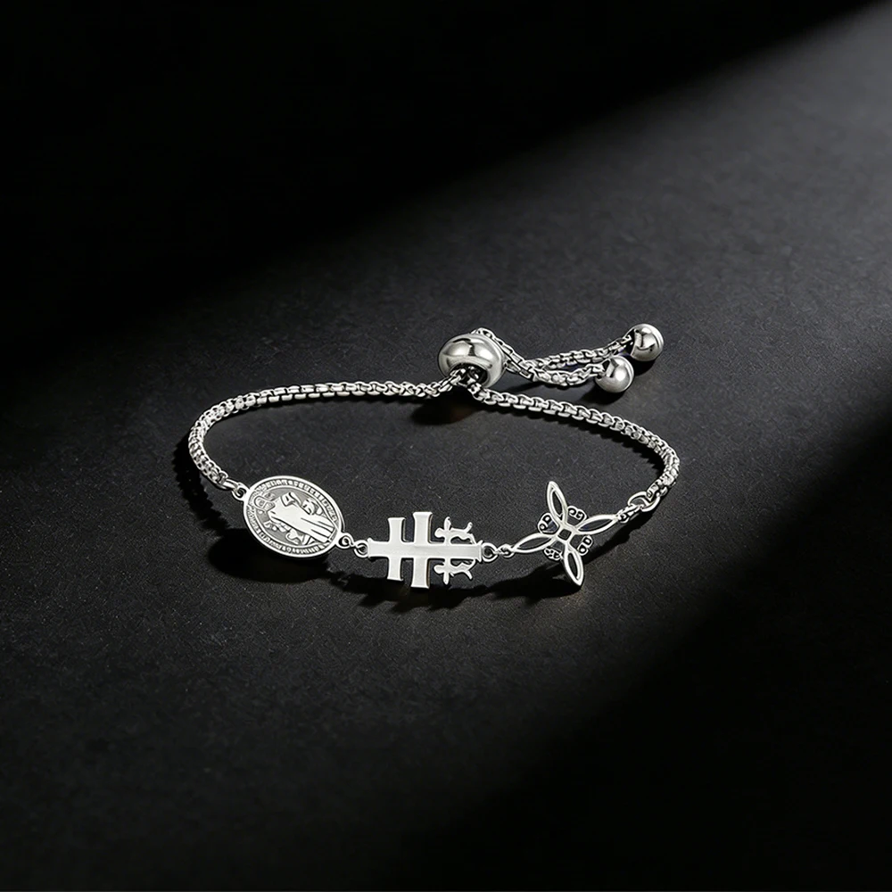 Pulsera de Triple Protección con Cruz de San Benito de Caravaca y Nudo de Bruja, de Acero Inoxidable, Regalo Católico para Hombres y Mujeres