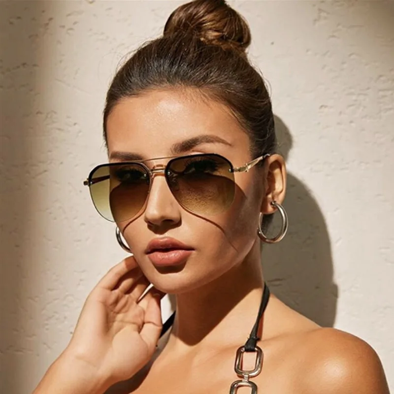 Gafas de sol semi-montadas de doble barra para hombres, protección solar, gafas de sol de metal de moda para mujeres 9258