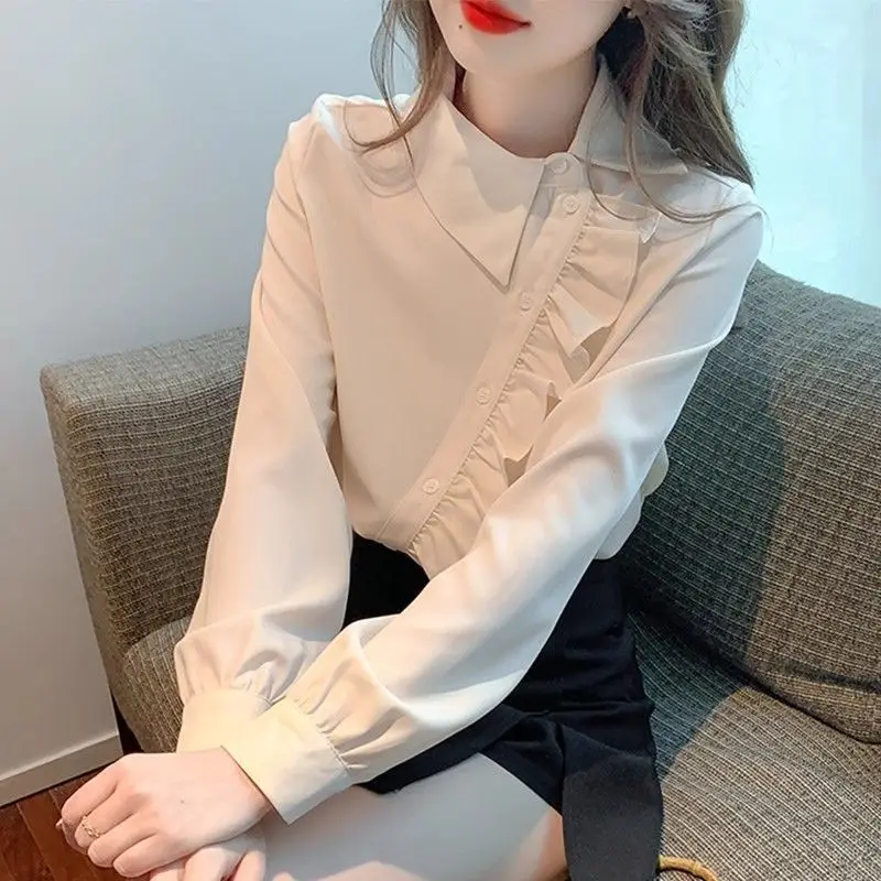 

2025 French Style Spring Fall New Women Clothing Ruffles Beige Chiffon Top Shirt , Woman Sweet Ladies Tops Shirts