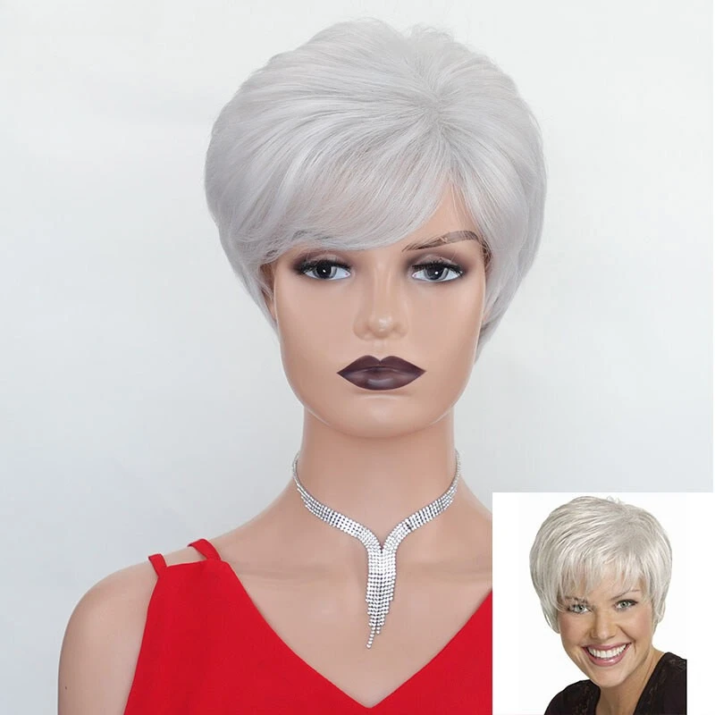 

Fashion Short Straight New Silver For Older Women Fluffy Daily Wig