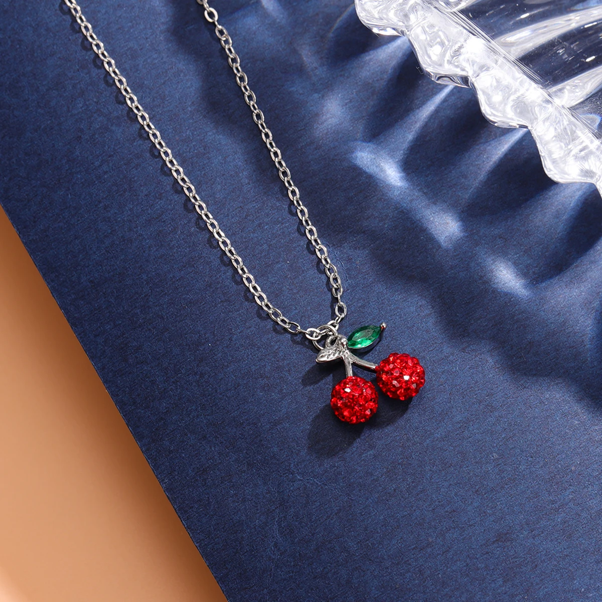 Full Crystal Red Cherry 925 Sterling Silver Fruit Clavicle Chain Pendant Necklaces