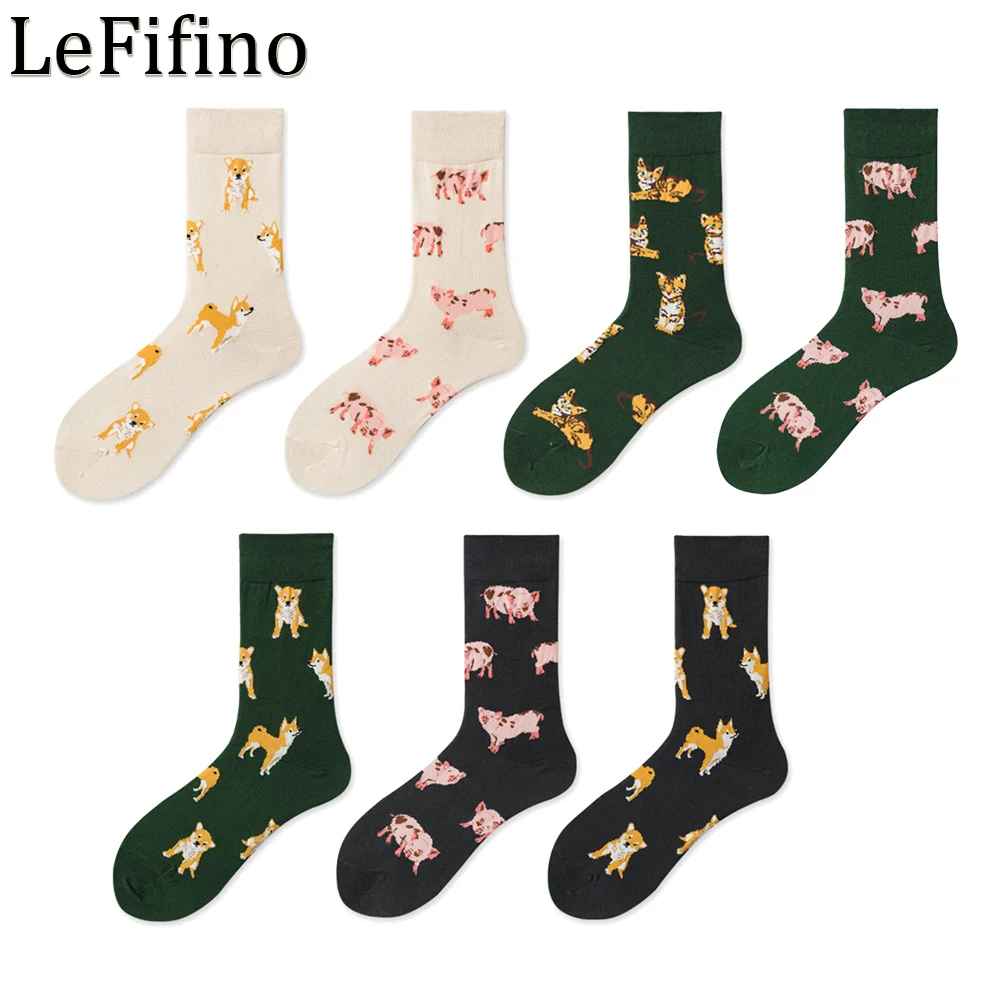 Women\'s Socks Cotton Fashion Harajuku Kawaii Fox Dog Socks Green/Black/White Socks Ukraine Husky Tiger Pig Cat Female Socks