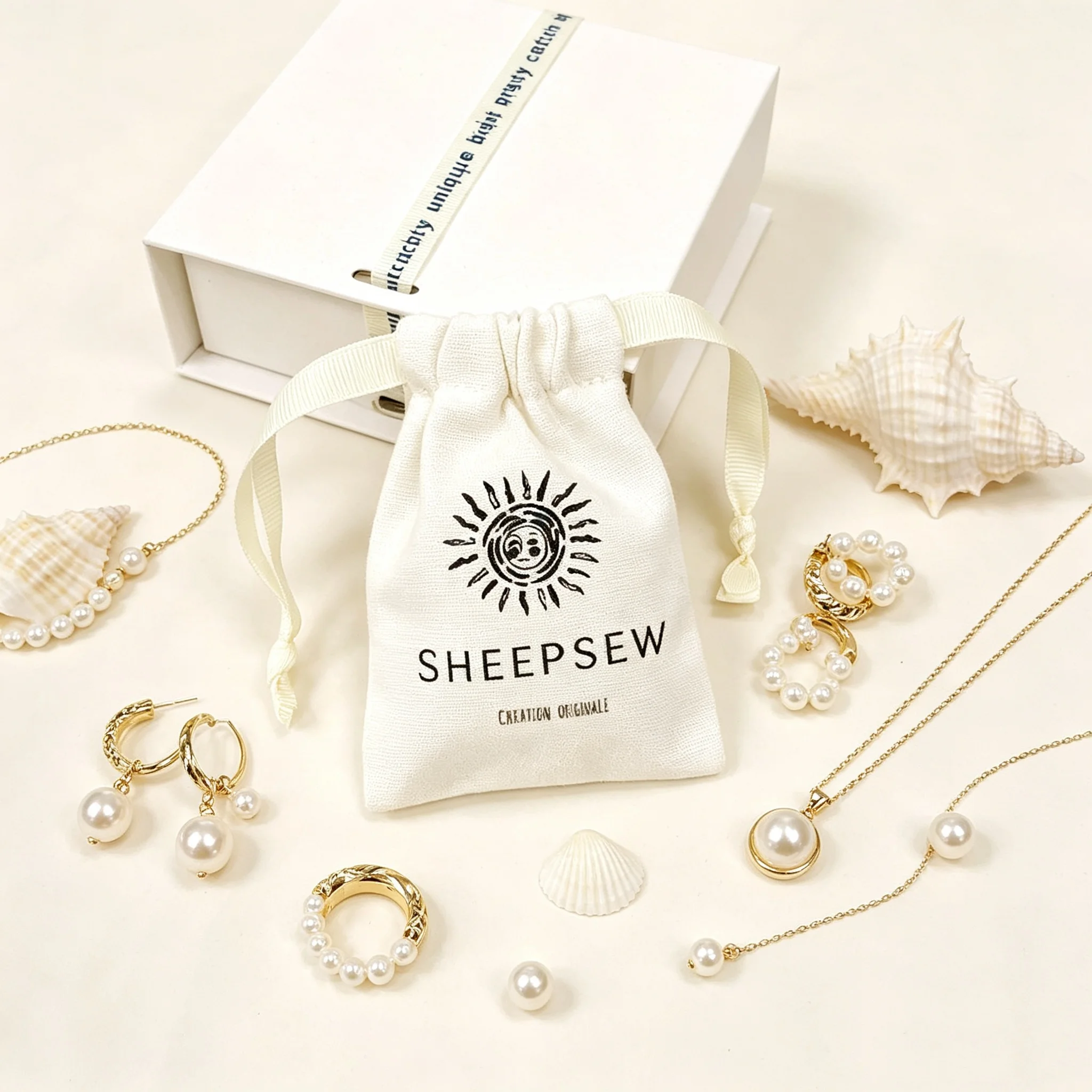 SheepSew Custom Logo Luxury Jewelry Box And Cotton Pouch Bag Set Gift Packaging For Women Fine Jewelry