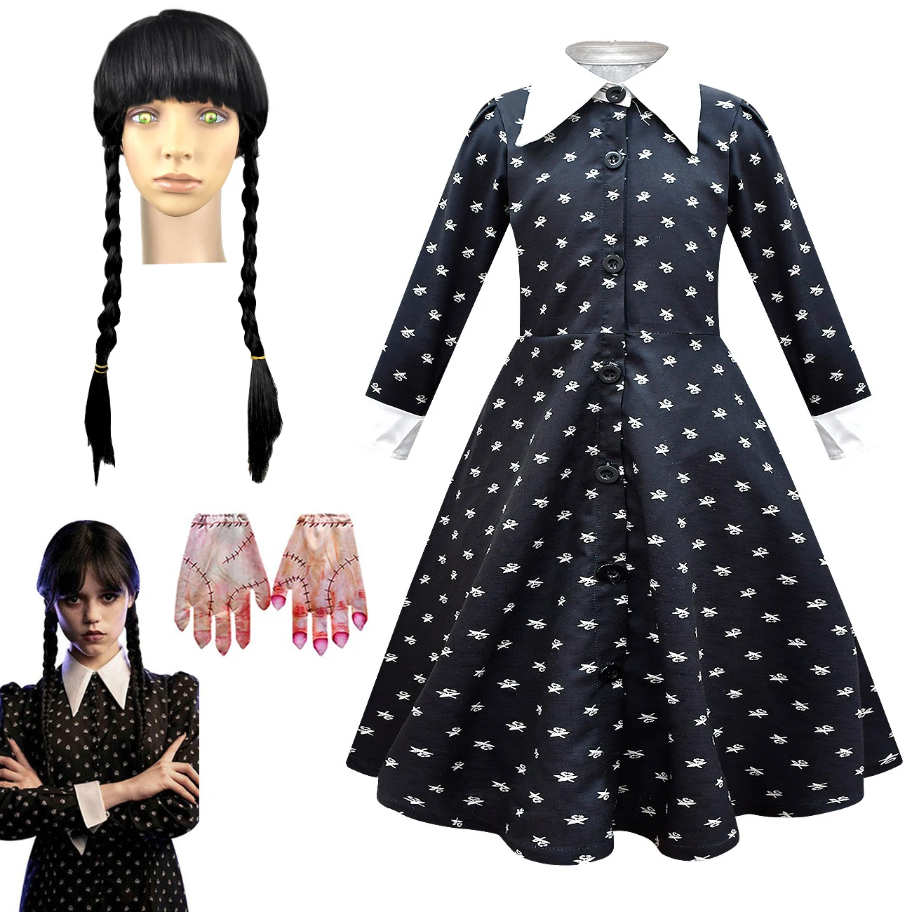 

Kids The Wednesday Addams Cosplay Costume Morticia Black Dress Girls Wig Girls Gothic Outfits Halloween Role Play Clothing