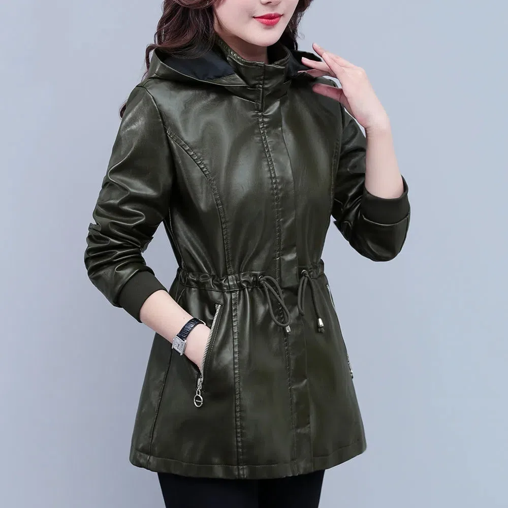 Frauen PU Leder Mantel Frühling Herbst Mode Mit Kapuze Motorrad Jacke Weibliche Casual Zipper Faux Leder Windjacke 4XL Y1000