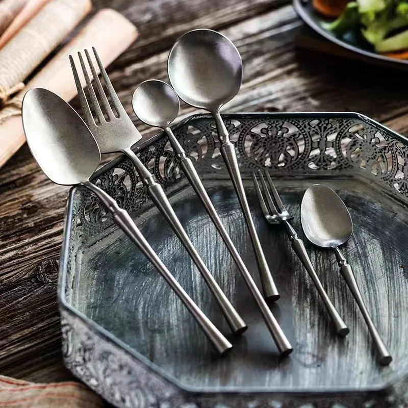 Retro Slim 304 Stainless Steel Cutlery Set French Complete Kitchen Tableware Sonw Gray Fashion Restaurant Table Decoration