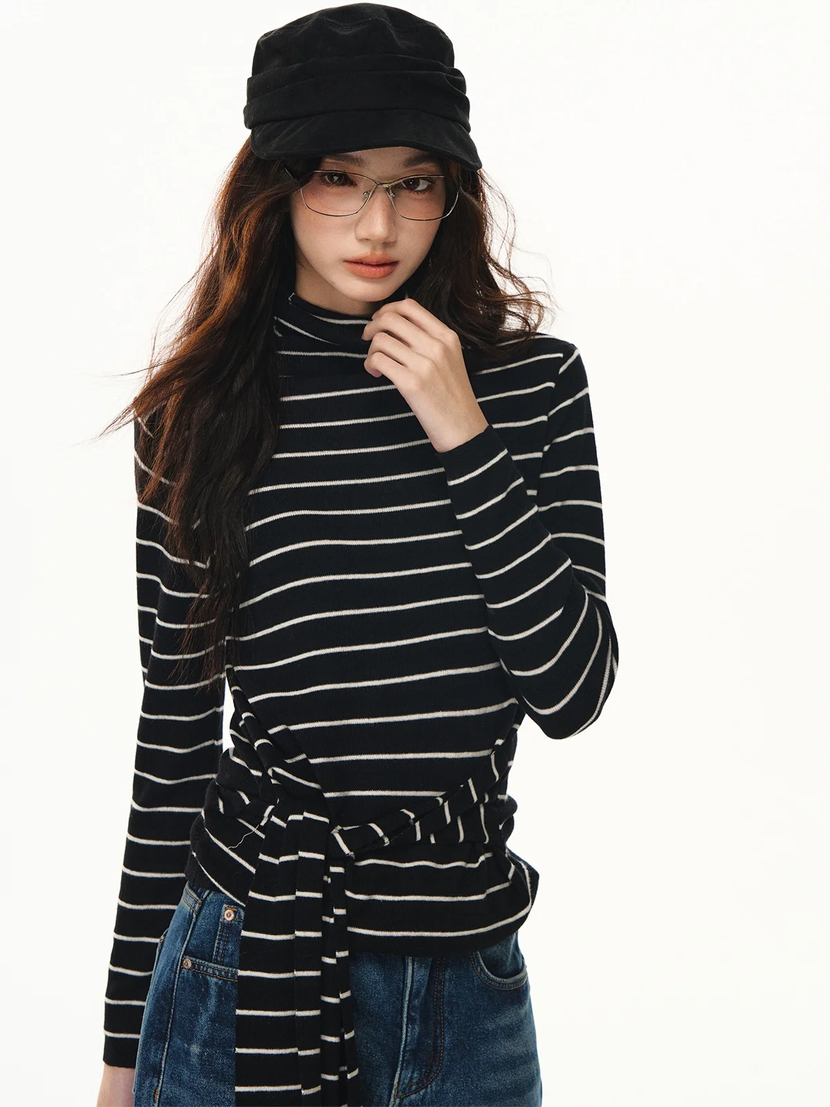 

Женская модная футболка LREEDOM в корейском стиле с полосками, асимметричным дизайном, завязками, длинным рукавом, высоким воротником и эффектом утягивания фигуры