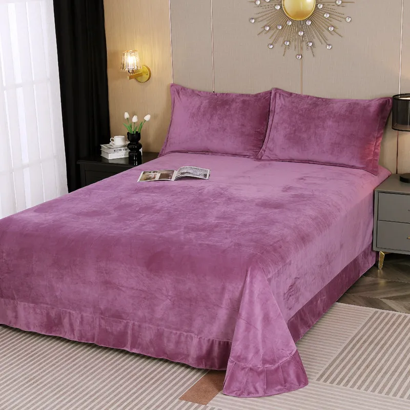 Solid Color Velvet Ruffle Trim​ Bed Sheet Winter Warm Thickened Coral Fleece Flat Bedsheet Soft Plush Bedspread No Pillowcases