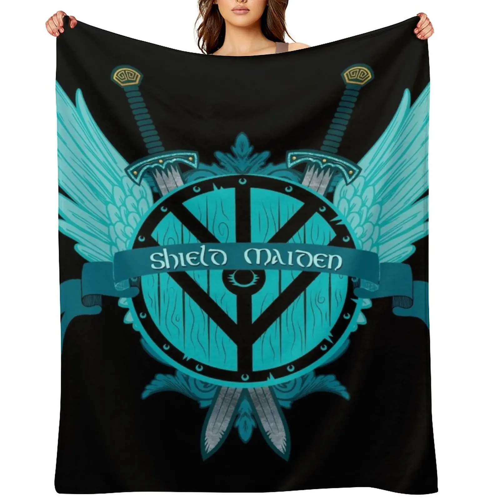 

Shield Maiden Badass Warrior Woman Winged Teal Viking Shield Throw Blanket manga Custom Comforter decorative Blankets