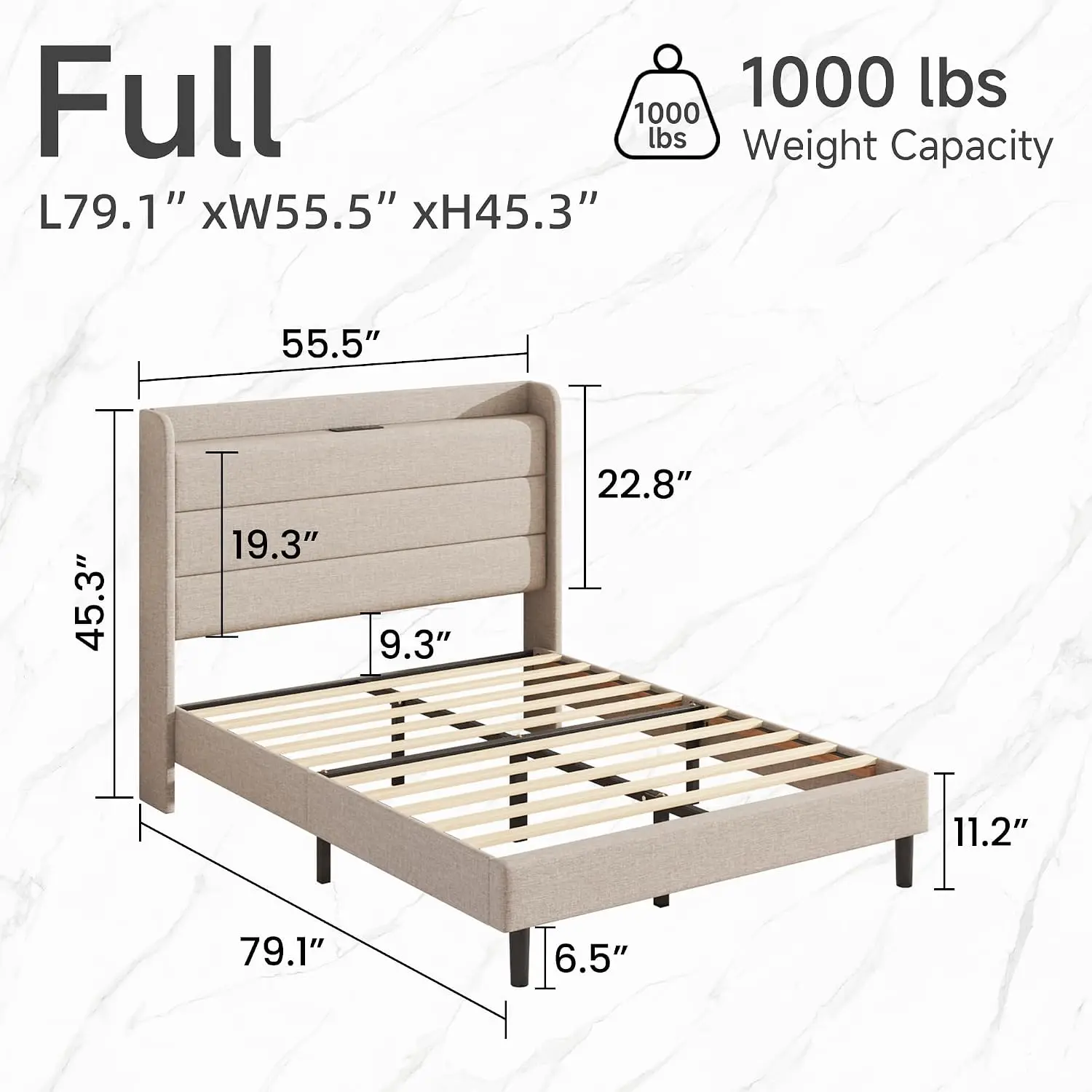 Full Size Linen Multifunctional Bed Frame, Wingback Headboard with Charging Station & Storage Shelf, Upholstered, Customized