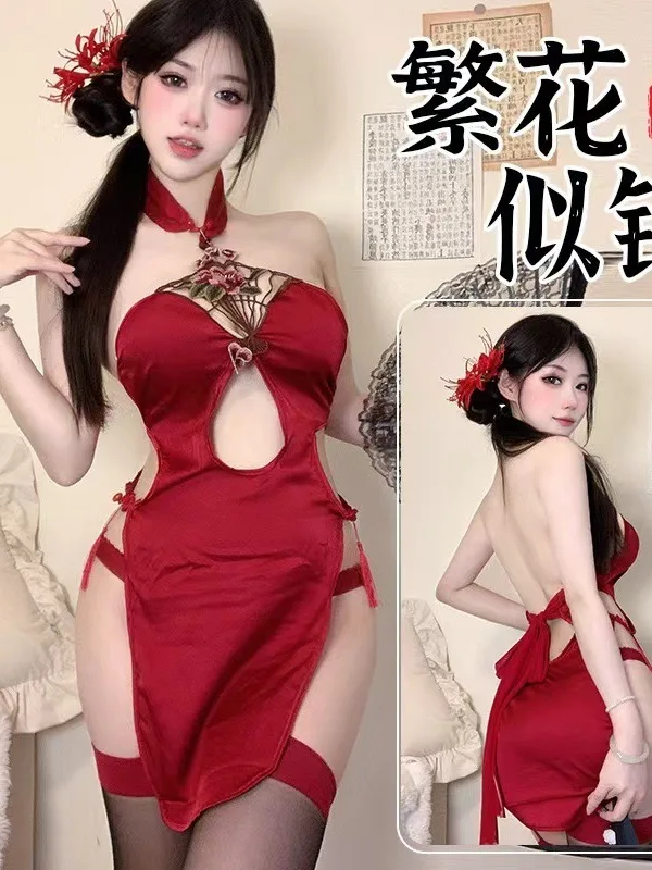 Erótico sexy pendurado pescoço estilo antigo oco para fora alta fenda cheongsam uniforme tentador paixão vestido feminino elegante doce a6a1