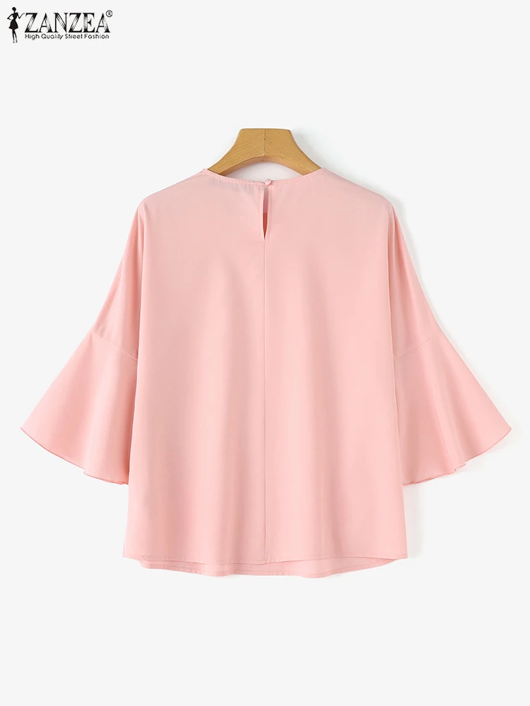 Zanzea Sommer Frauen Tops 2024 Flare 3/4 Ärmel Bluse elegante Rundhals-Shirt lässig Perlen nähte Büro Dame Tunika Femme