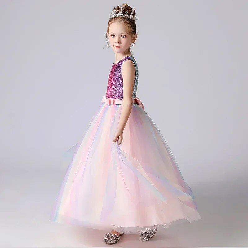 137 Fashion Girls Sequin Dress Lace Mesh Sleeveless Princess Dress for Girls Summer Children Girls Party Dress 3-13Y