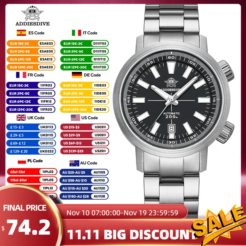 

ADDIESDIVE New Mechanical Diving Watch 200M Water Resistant Sapphire Glass Rotating Inner Bezel 42mm Automatic Men Watch AD2093
