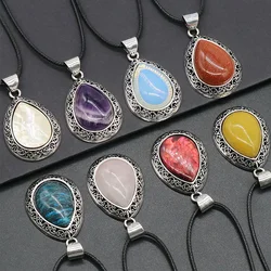 Natural Stone Water Drop Pendant Gemstone Rose Quartz Agate Amethyst Tiger Eye Stone Abalone Shell Necklace for Women