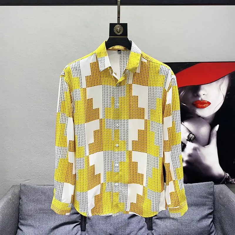 2023 Spring and Summer Autumn Fashion Classic Niche Design Ruffian Handsome Loose Casual Contrast Color Houndstooth Men\'s Shirt