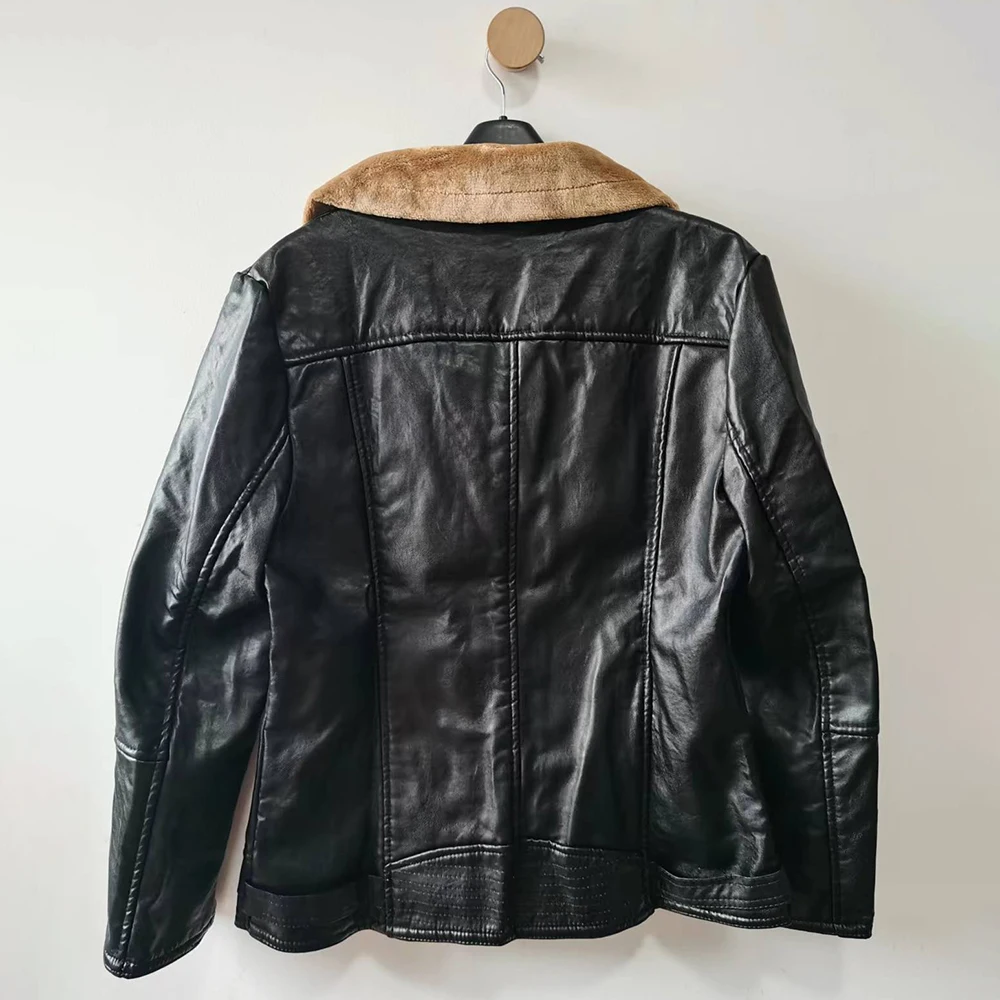 Shearling PU Jacket Winter 2022 Balck Add Thicken Warm Fur Short Faux Leather Coat Slim Flit Motorcycle Zip Outerwear