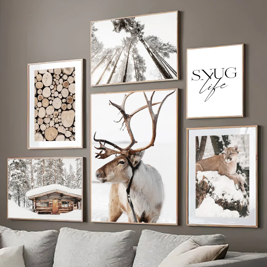 Winter Elk Wolf Yak Leopard Pine Cones Wall Art Posters Prints Nordic Canvas Painting Landscape Pictures For Living Room Decor