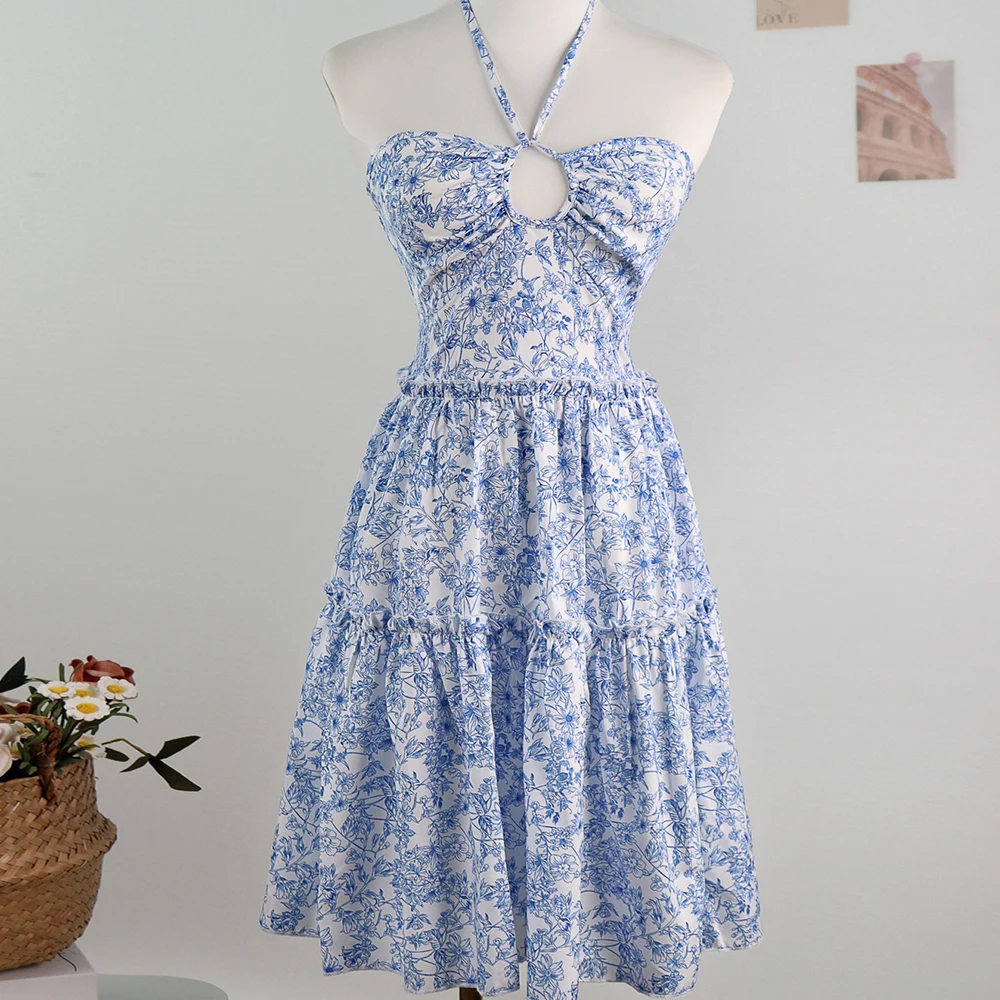 Women Fashion Dress Floral Print Tie-Up Backless Mini Dress Summer Party Dress Casual Tops